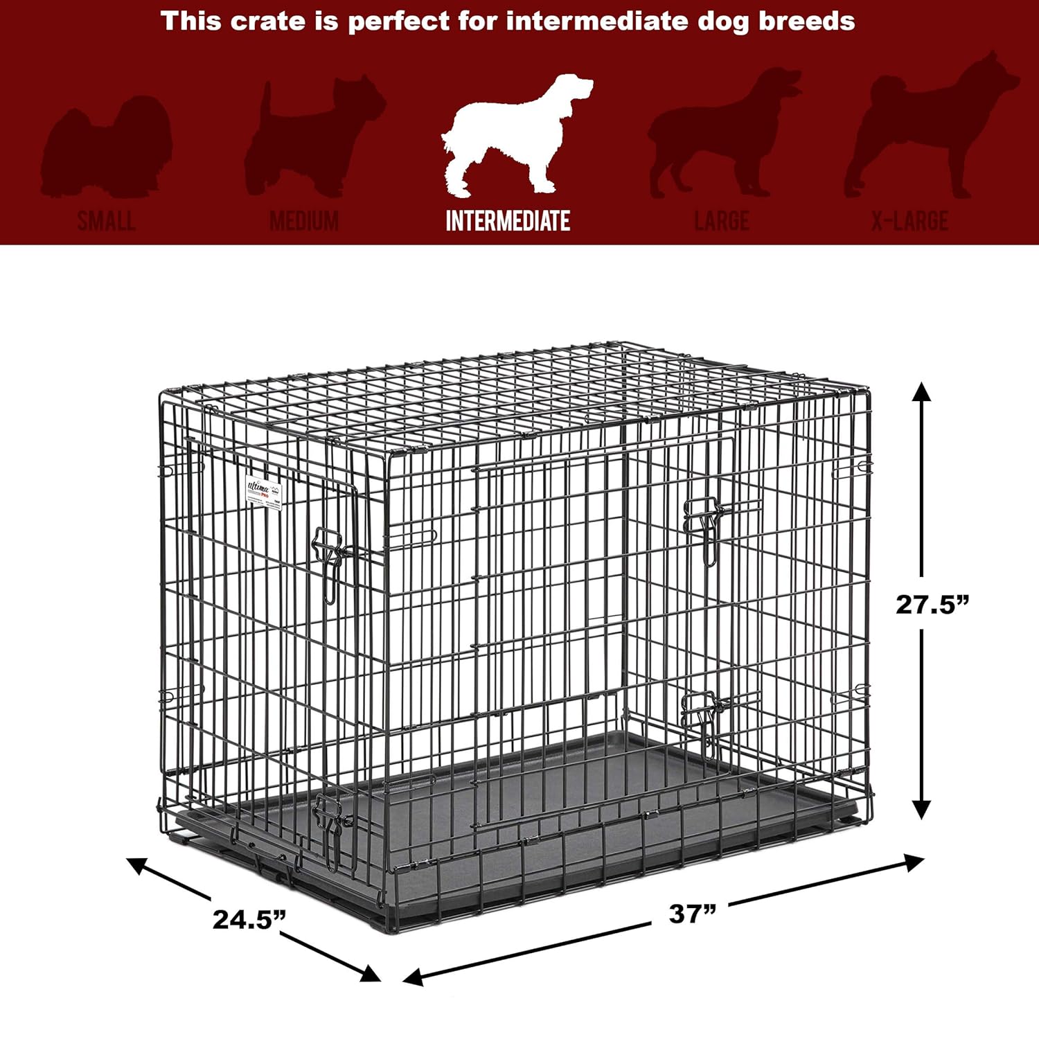 MidWest Homes for Pets Ultima Pro Series 36 Dog Crate | Extra-Strong Double Door Folding Metal Dog Crate w/Divider Panel, Floor Protecting Roller Feet  Leak-Proof Plastic Pan